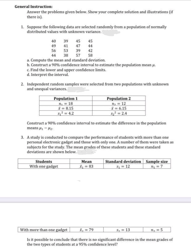  General Instruction: Answer the problems given below. Show your complete solution