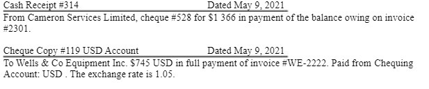 Cash Receipt #314 Dated May 9, 2021 From Cameron Services Limited,