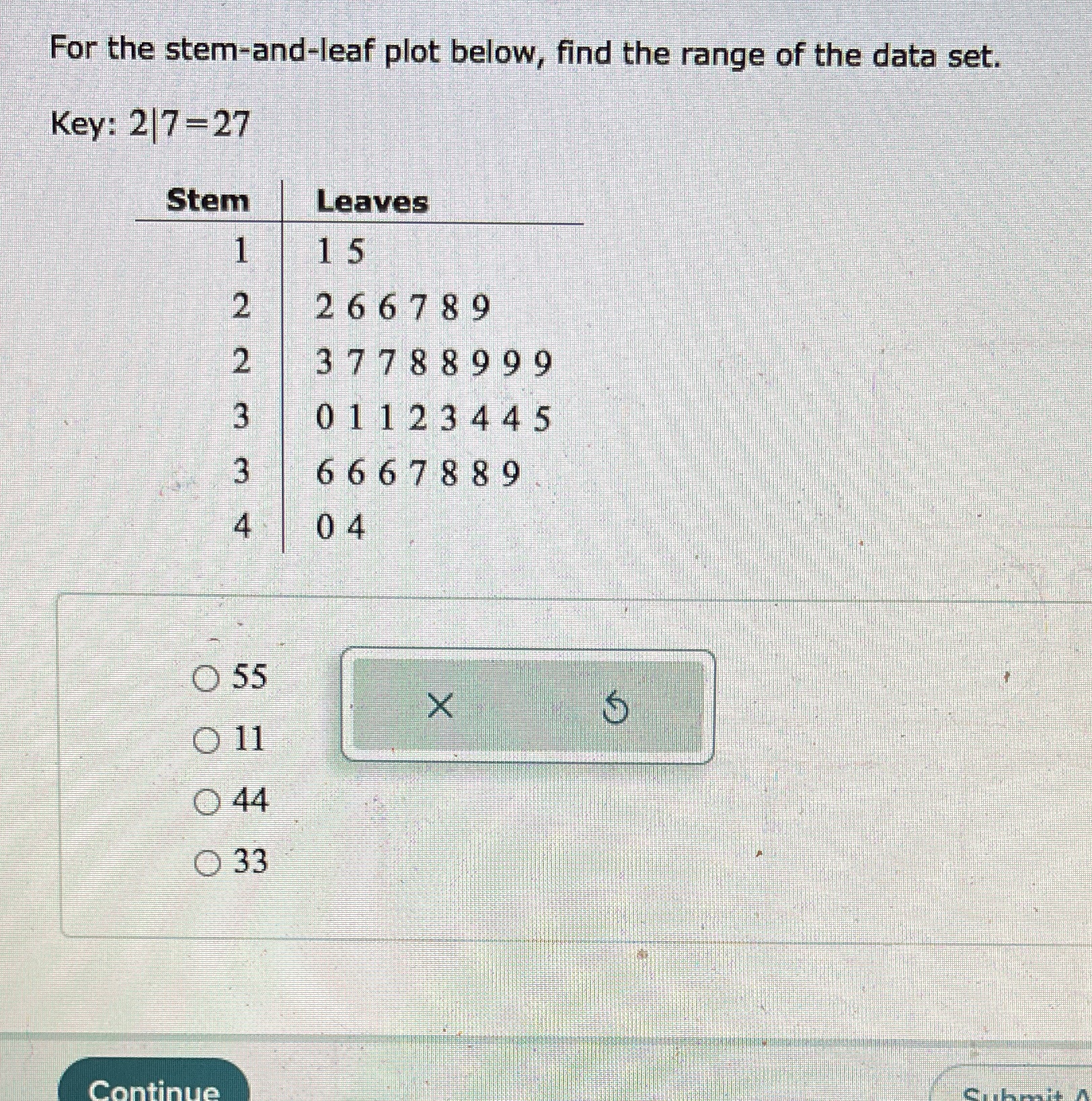 Help For the stem-and-leaf plot below, find the range of the data