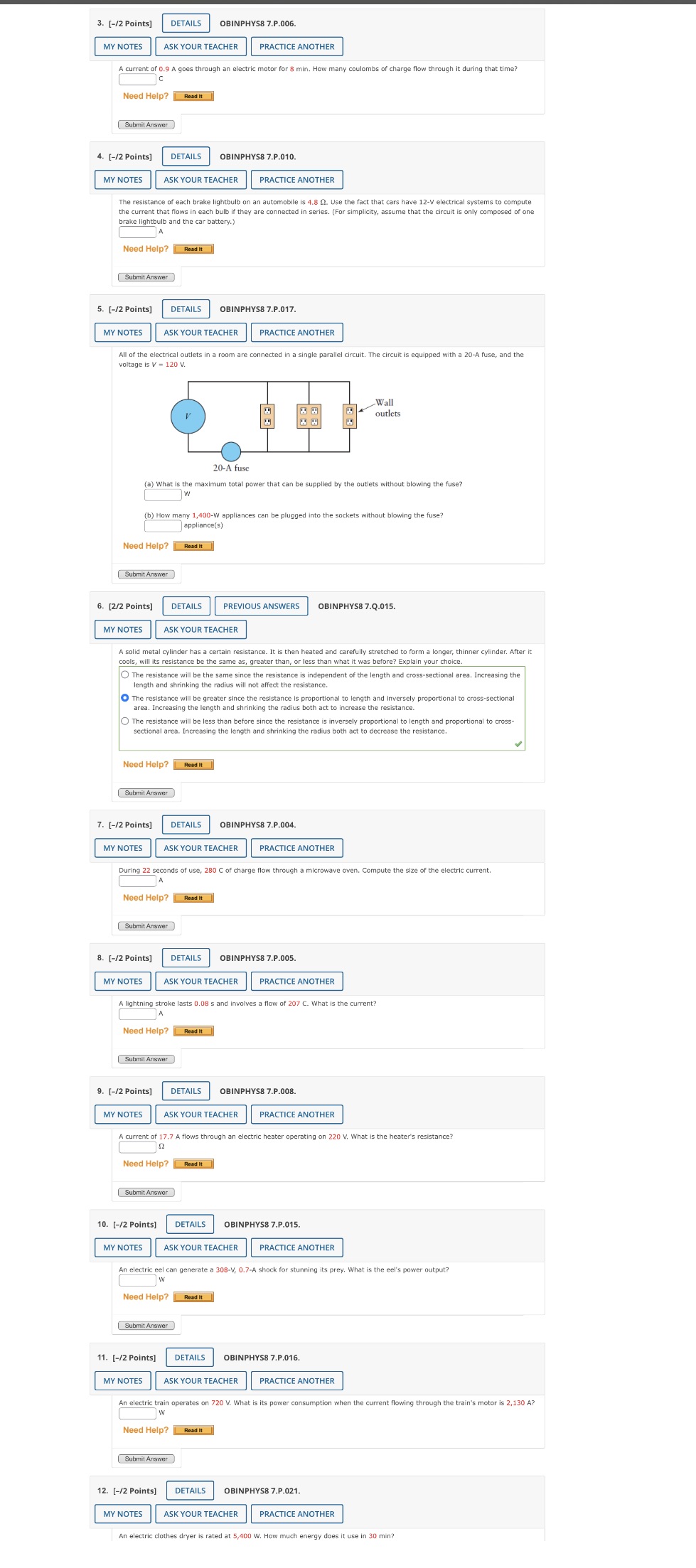 Answer questions 3 through 12 3. [-/2 Points] DETAILS OBINPHYS8 7.P.006. MY