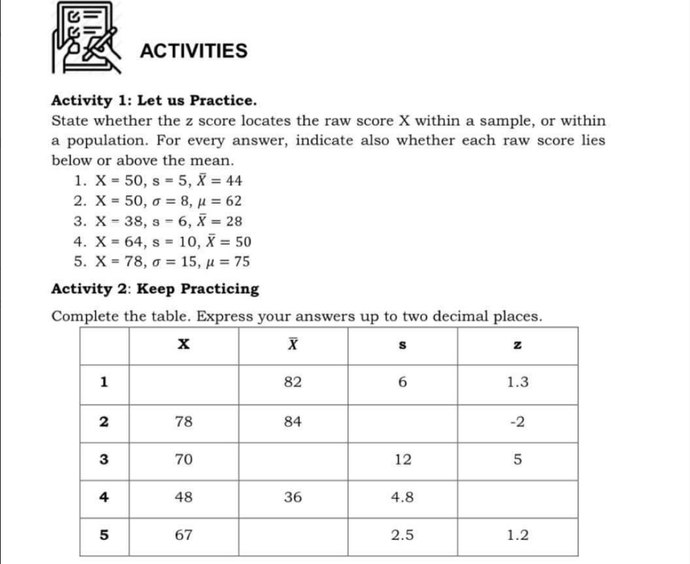  ACTIVITIES Activity 1: Let us Practice. State whether the z score