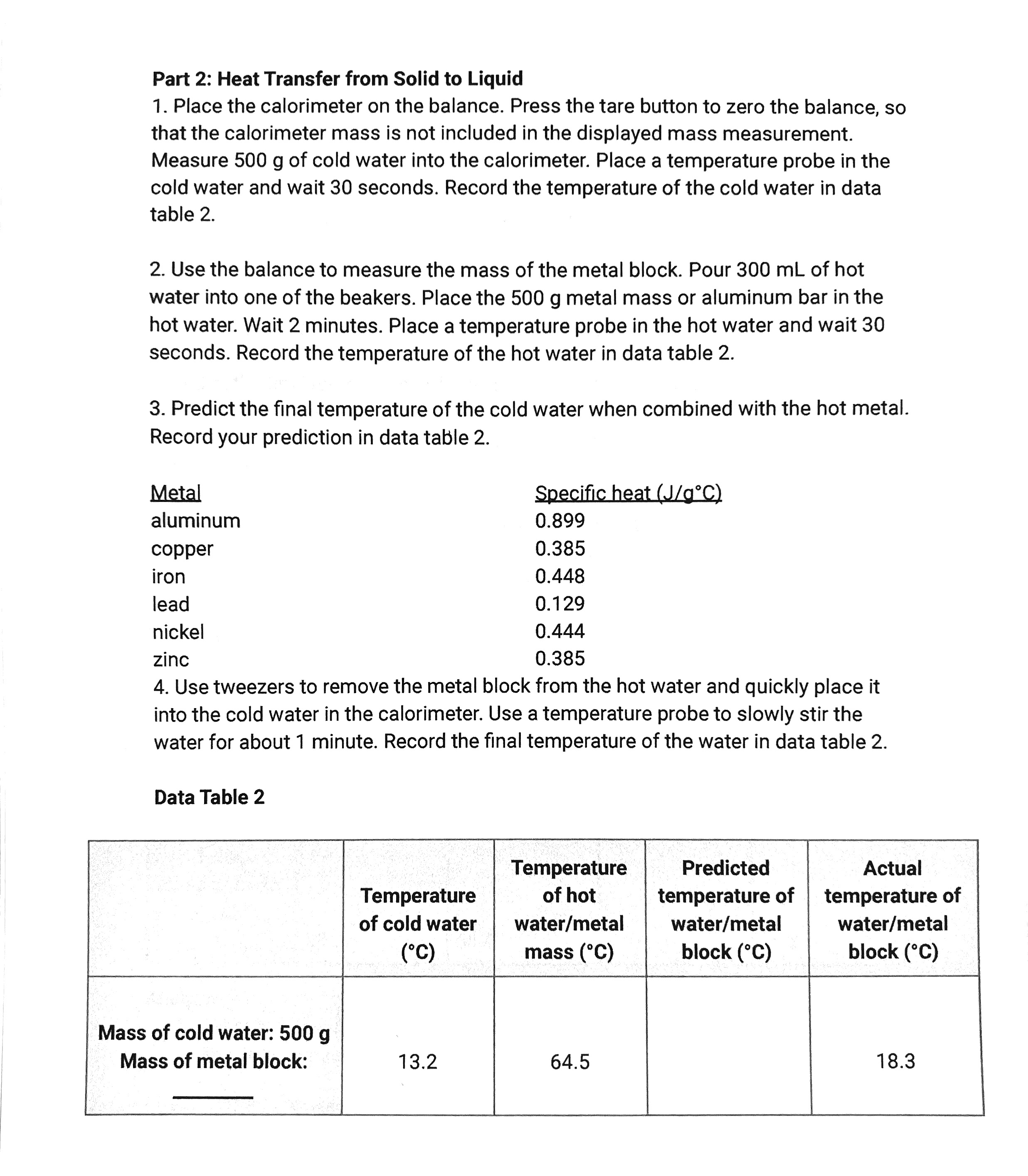 Part 2: Heat Transfer from Solid to Liquid 1. Place the