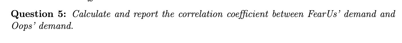 Question 5: Calculate and report the correlation coefficient between FearUs' demand and