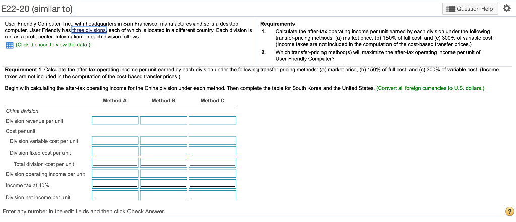  E22-20 (similar to) Question Help User Friendly Computer, Inc., with headquarters