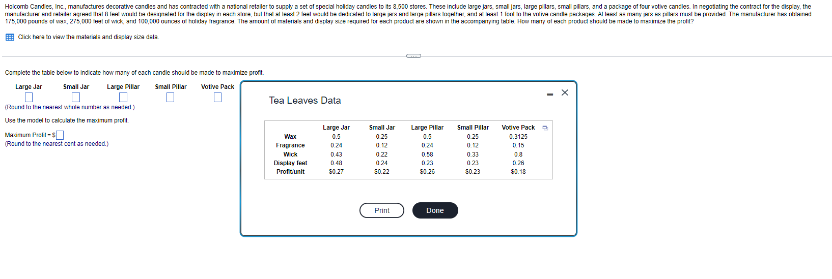  Click here to view the materials and display size data. Complete