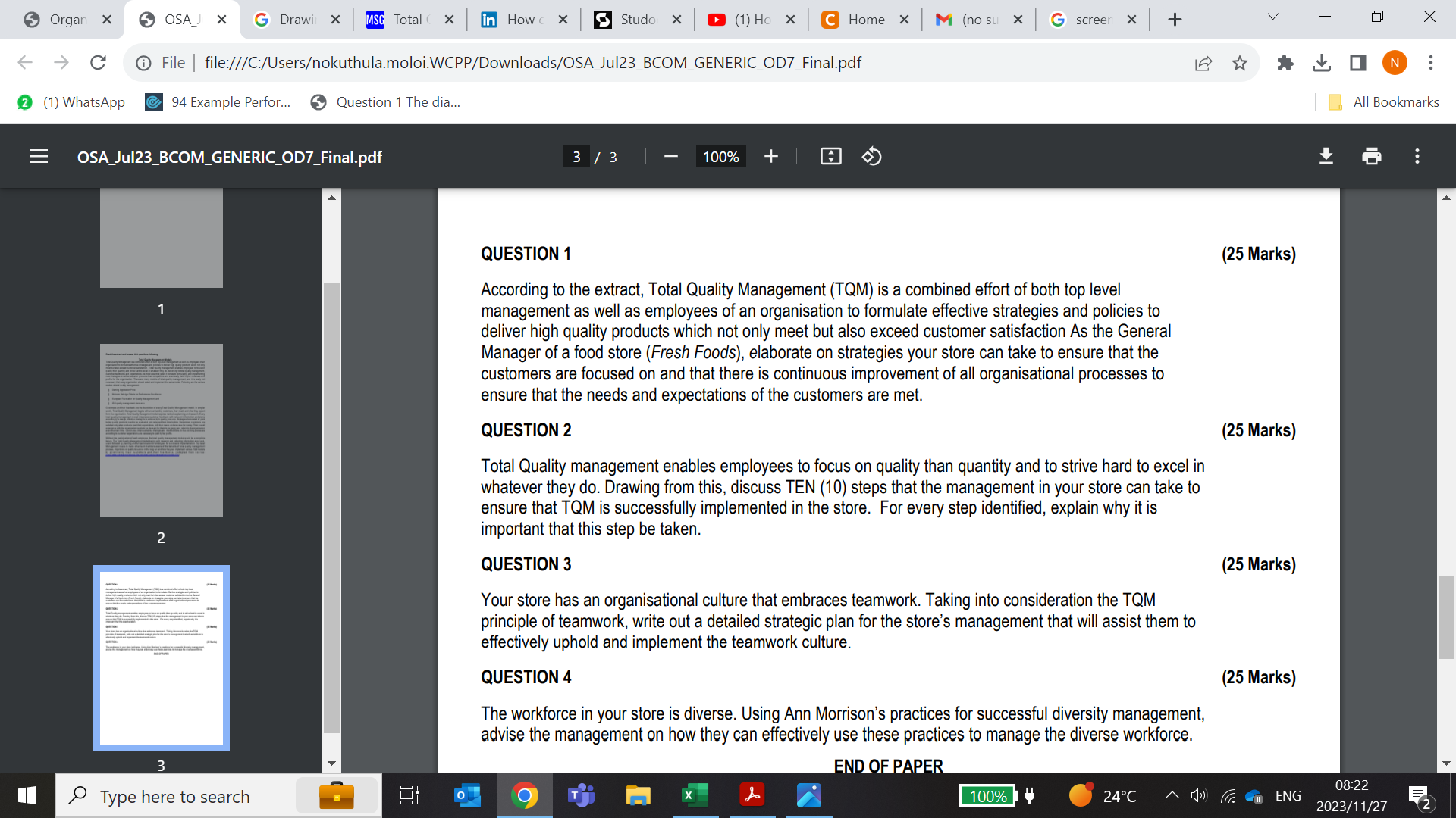  QUESTION 1 According to the extract, Total Quality Management (TQM) is