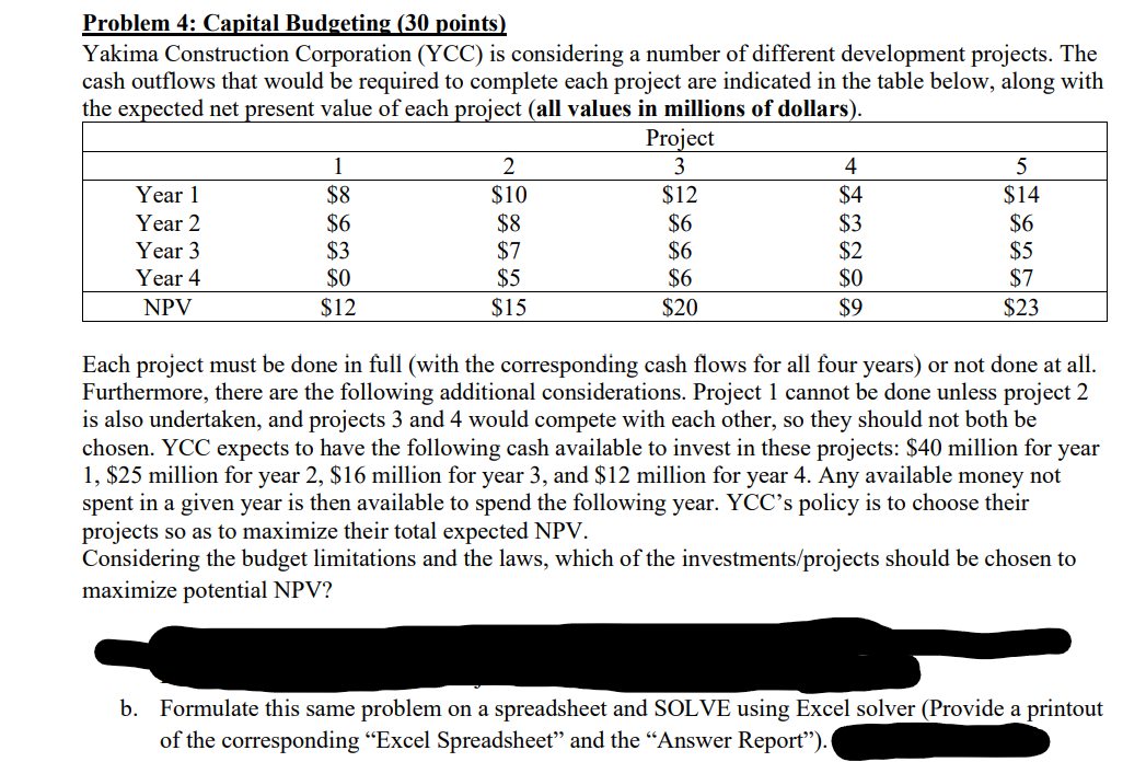  Problem 4: Capital Budgeting (30 points) Yakima Construction Corporation (YCC) is