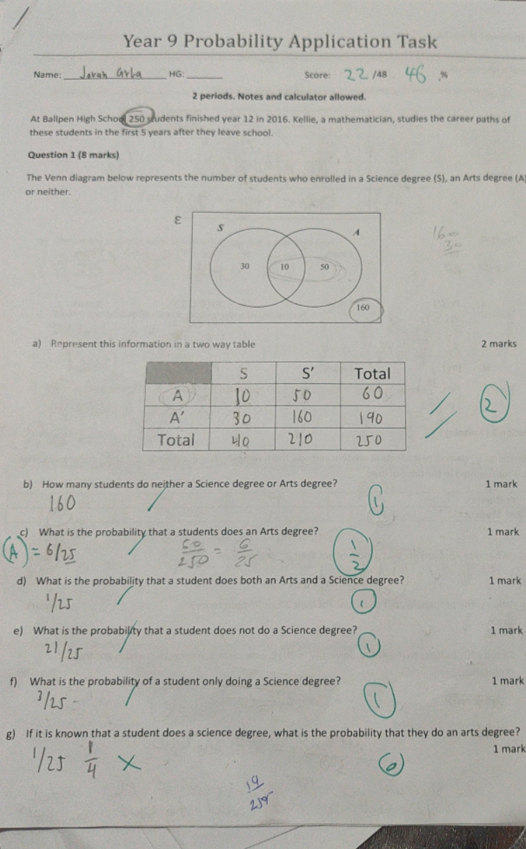 can you check this for me. Year 9 Probability Application Task Name: