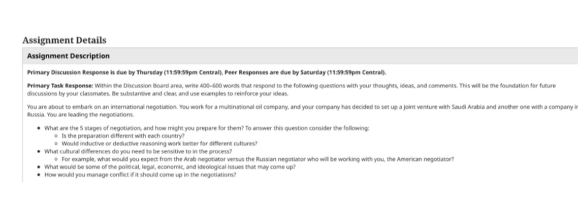 Assignment Details Assignment Description Primary Discussion Response is due by Thursday
