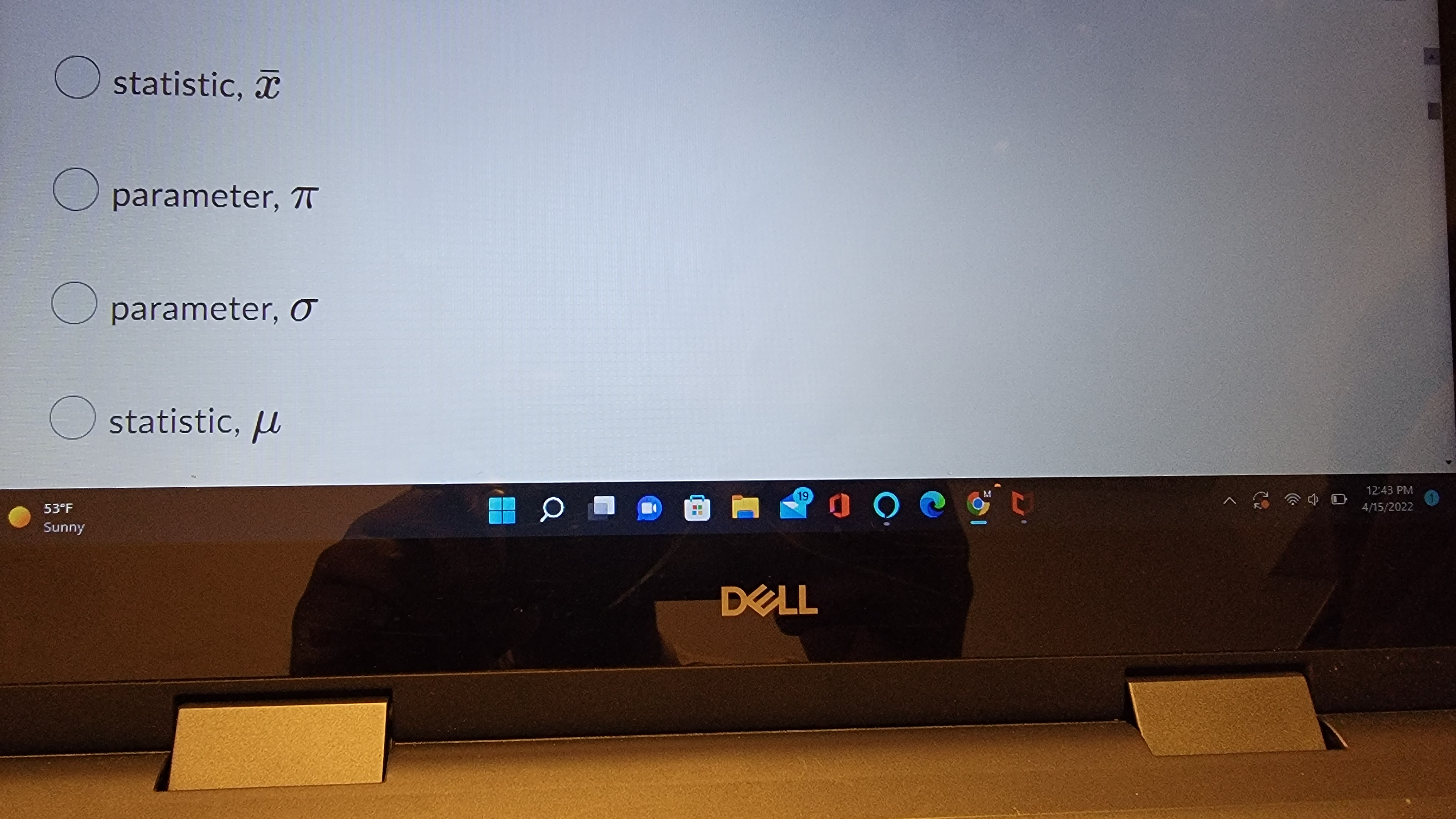 statistic, p O statistic, 7 53-F O 12:42 PM Sunny 4/15/2022 DELL