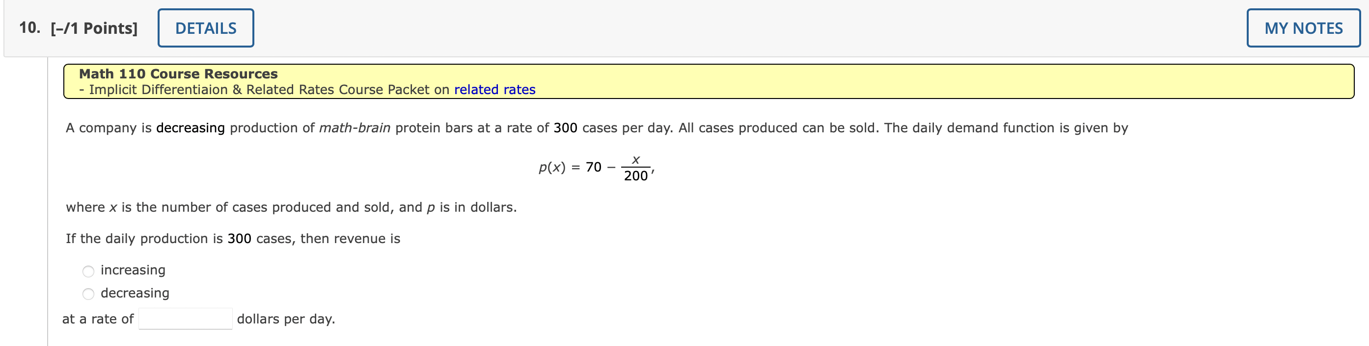  10. [-11 Points] Math 110 Course Resources Implicit Differentiaion & Related