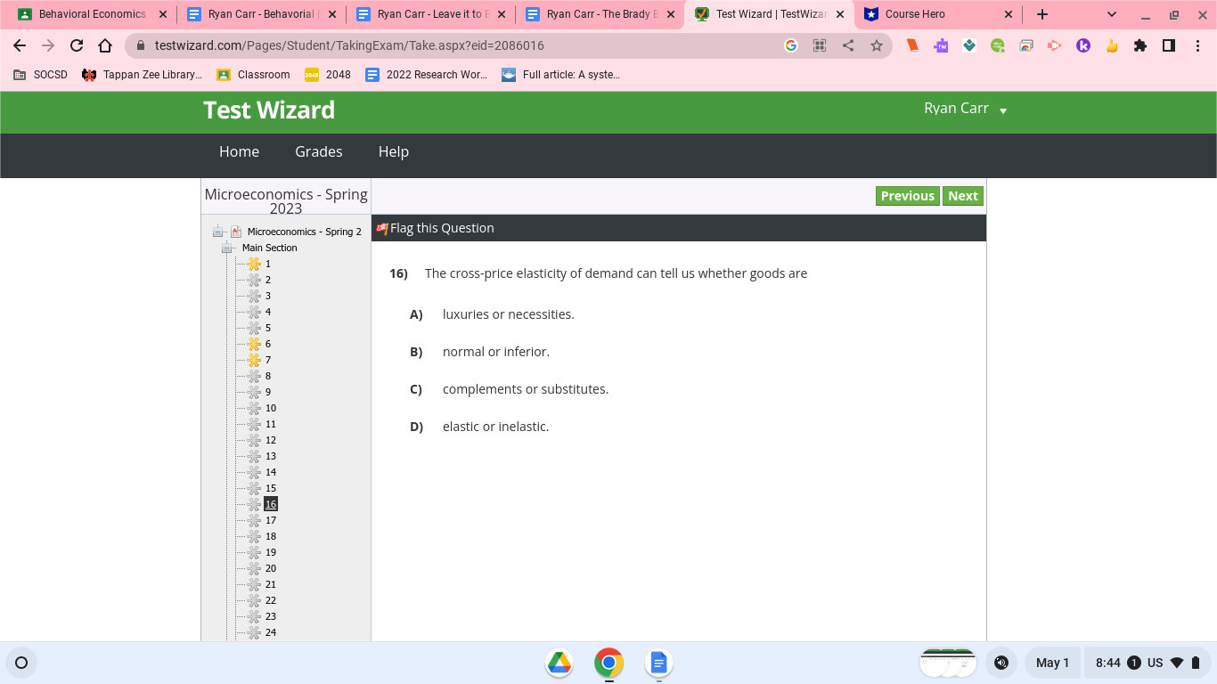 D A testwizard.com/Pages/Student/TakingExam/Take.aspx?eid=2086016 G -rw SOCSD CH Tappan Zee Library... _ Classroom