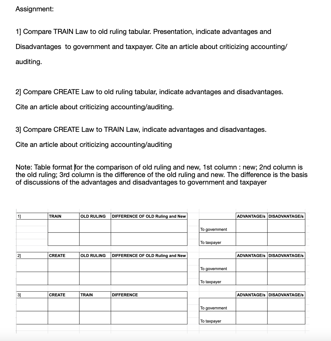  Assignment: 1] Compare TRAIN Law to old ruling tabular. Presentation, indicate