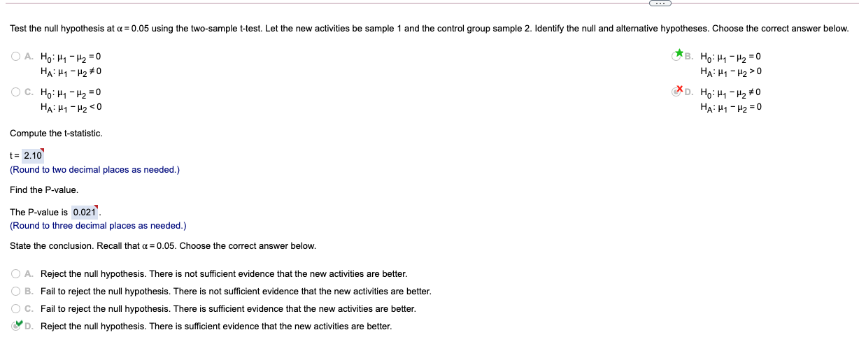 Test the null hypothesis at o = 0.05 using the two-sample