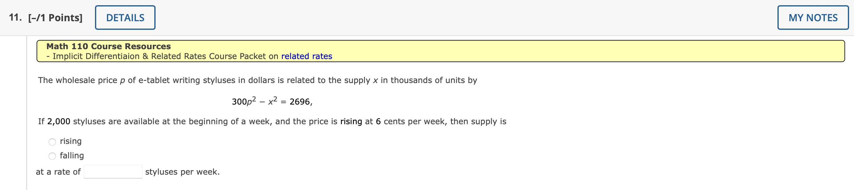  11. [-/1 Points] Math 110 Course Resources - Implicit Differentiaion &