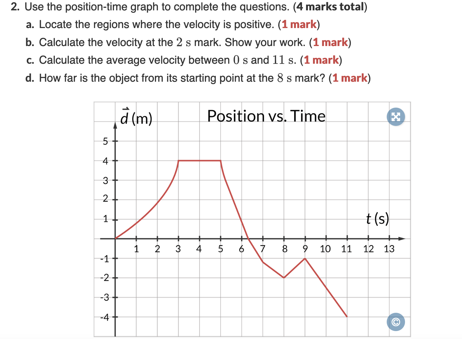  2. Use the position-time graph to complete the questions. (4 marks
