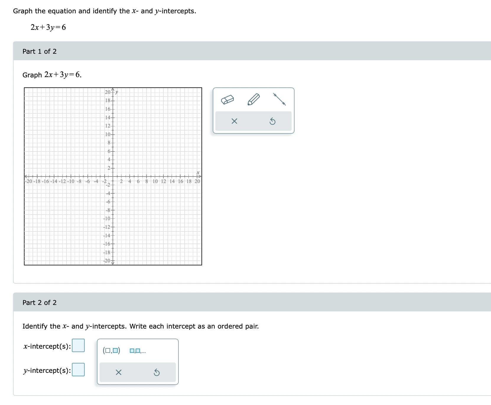 PARTS 1 AND 2 PLEASE Graph the equation and identify the x-