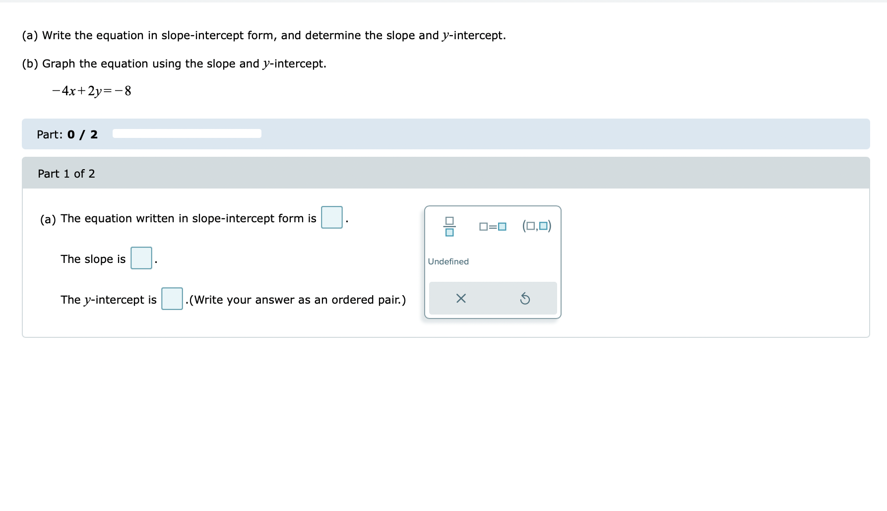 and y-intercepts. 2x + 3y=6 Part 1 of 2 Graph 2x+ 3y=6.