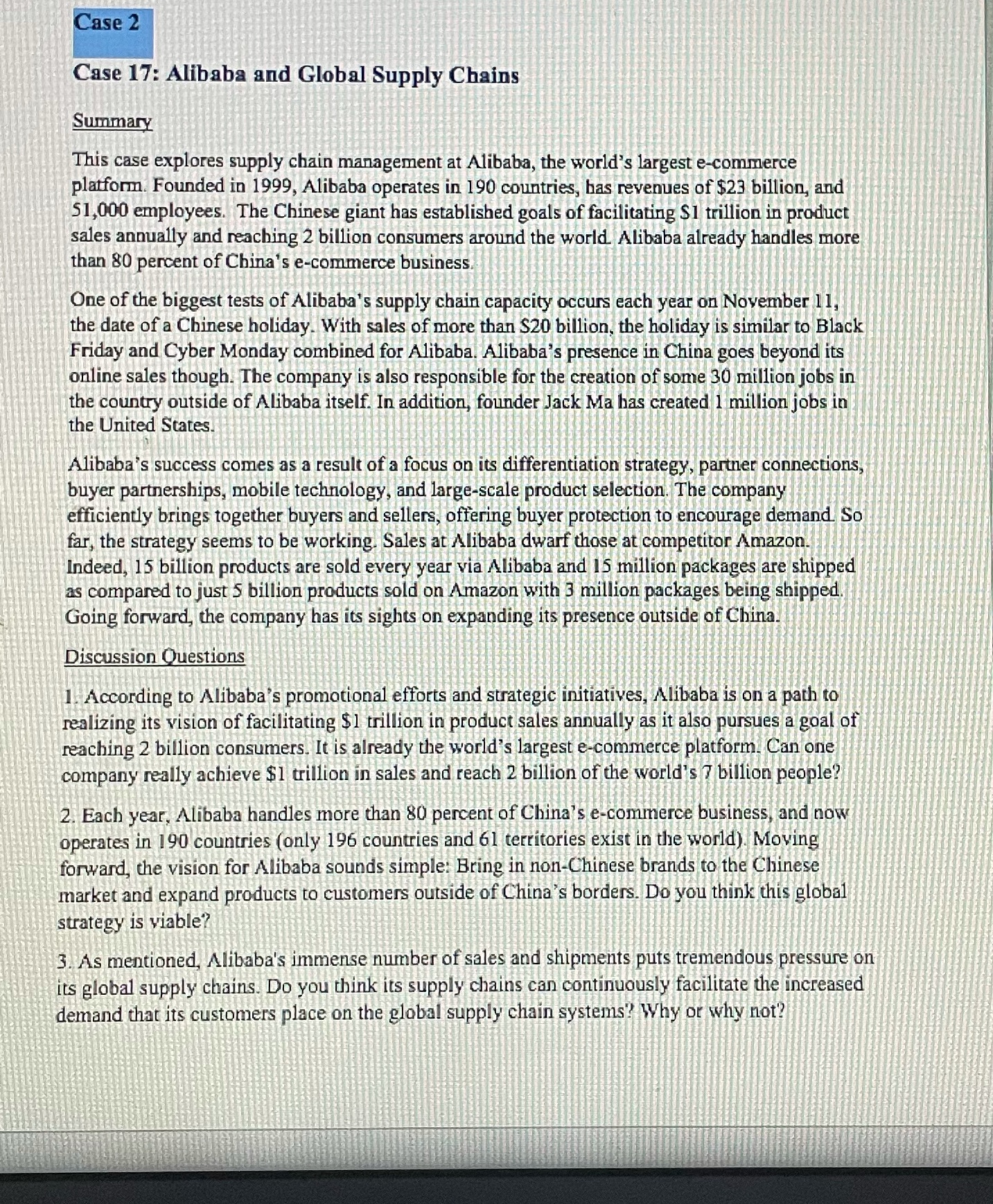 Please answer the questions Case 2 Case 17: Alibaba and Global Supply