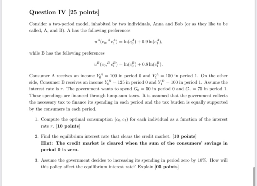 Hello, I need the answer to this question please. Question IV [25