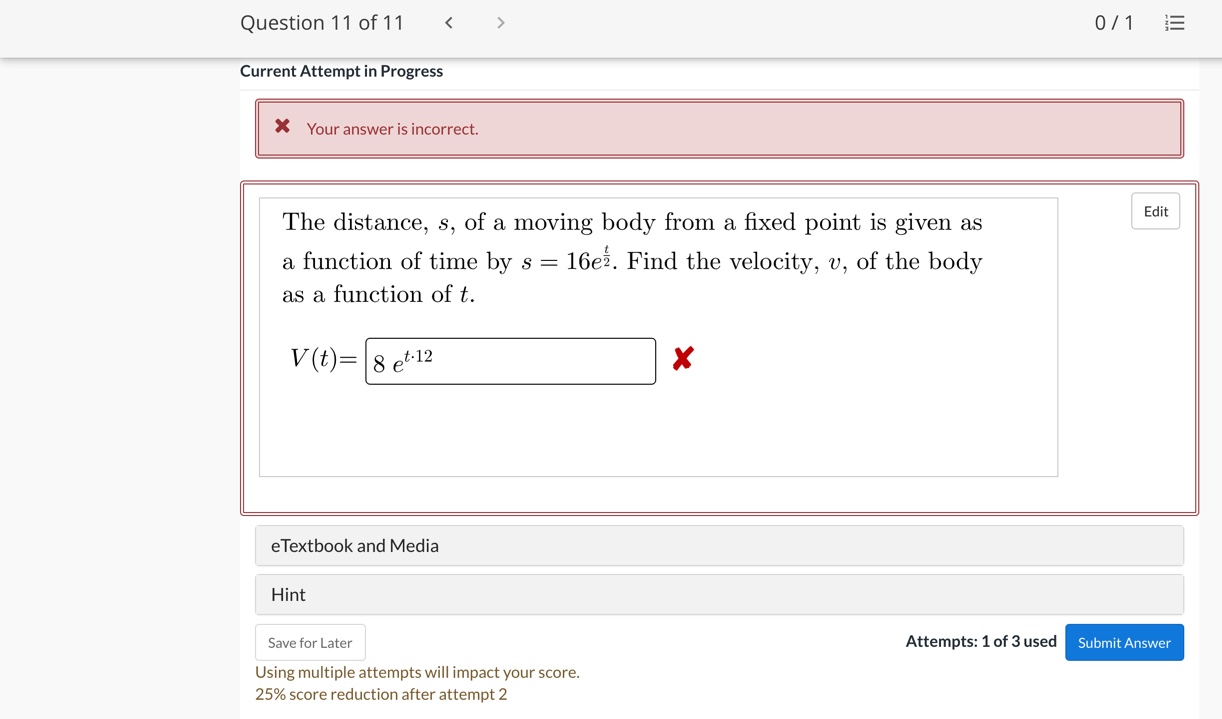 math Question 11 of11 Oil E Current Attempt in Progress X Youranswer