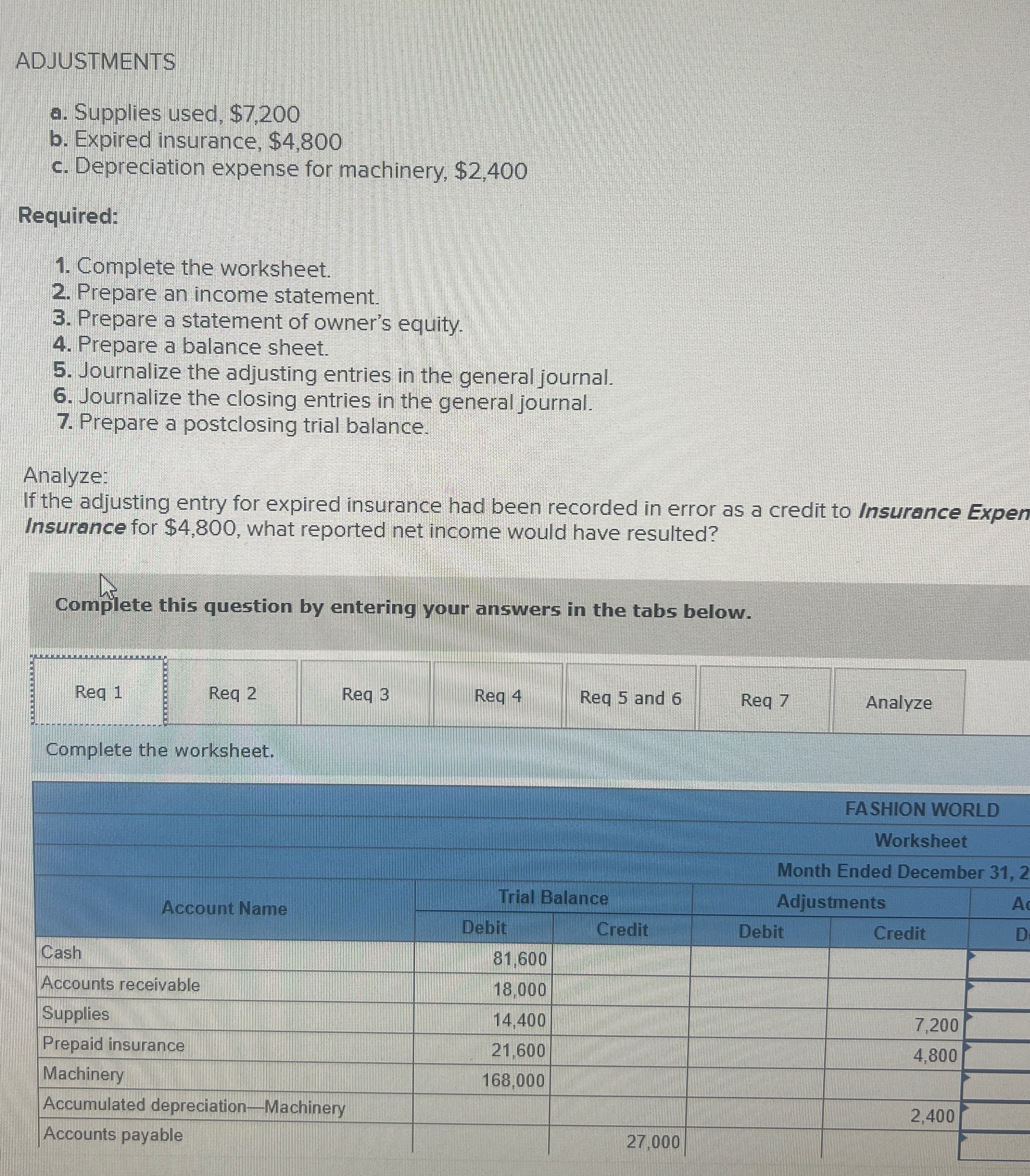  ADJUSTMENTS a. Supplies used, $7,200 b. Expired insurance, $4,800 c. Depreciation