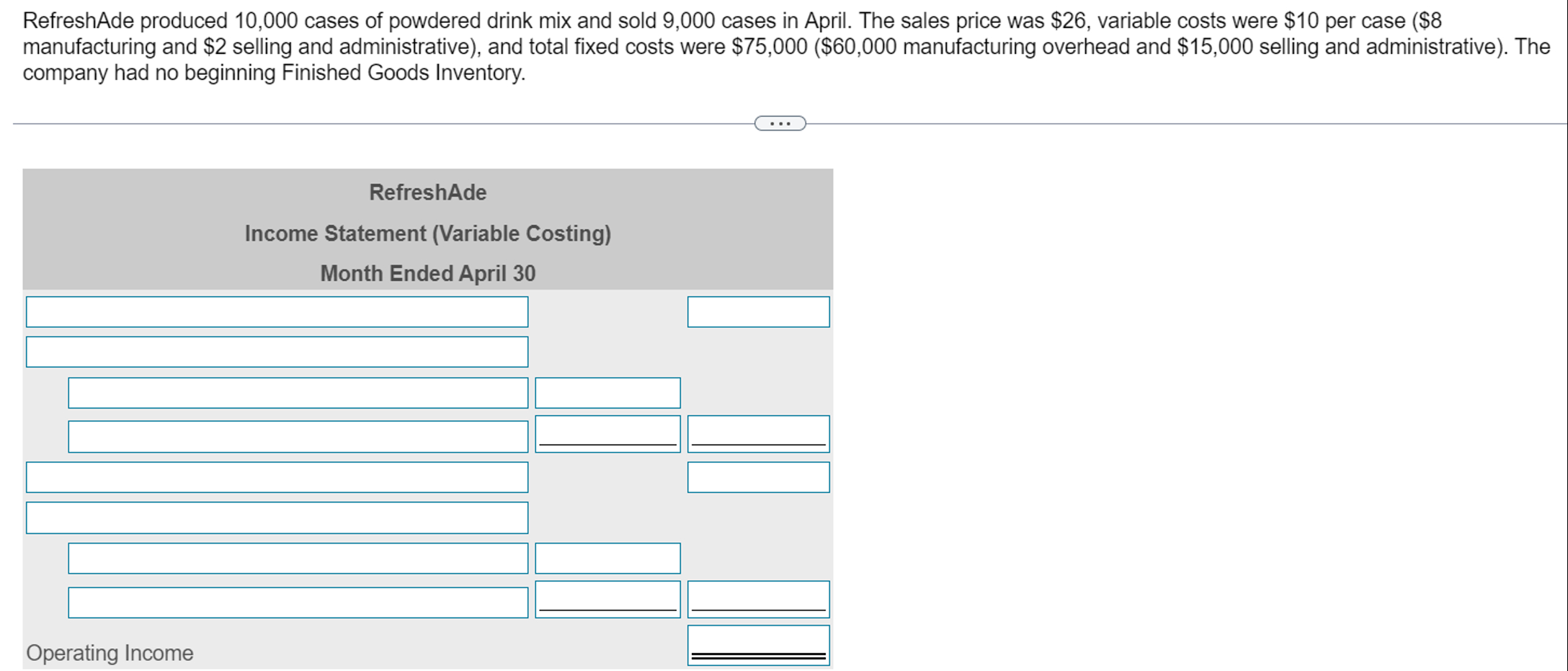  1.Prepare the April income statement using variable costing 2.Determine the product