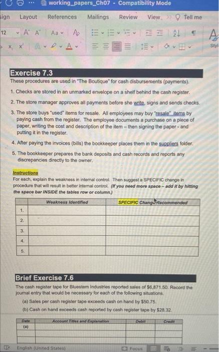 Styles Sty Pa Exercise 7.2 "Convenient Store" employees alternate working the single