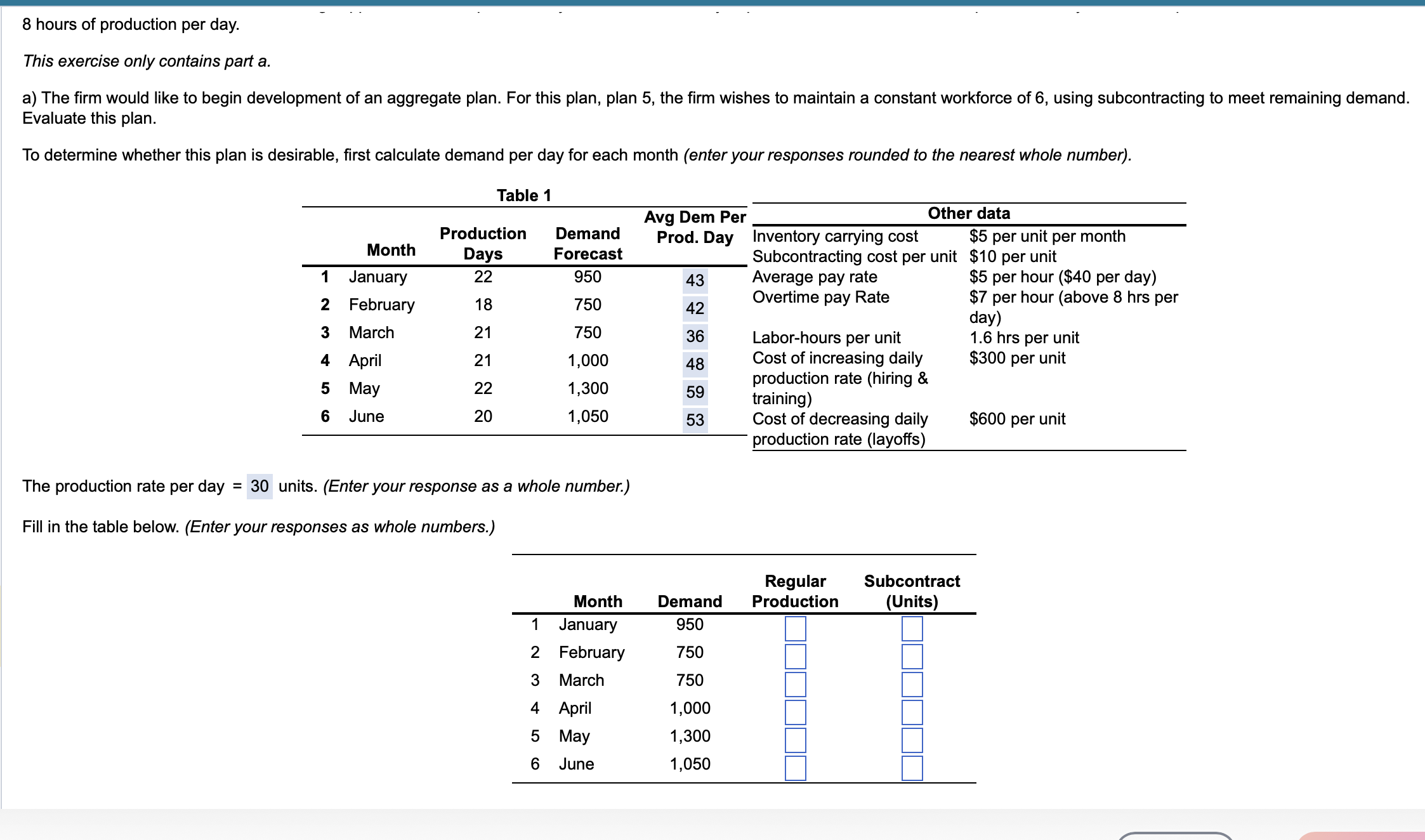 8 hours of production per day. This exercise only contains part a.