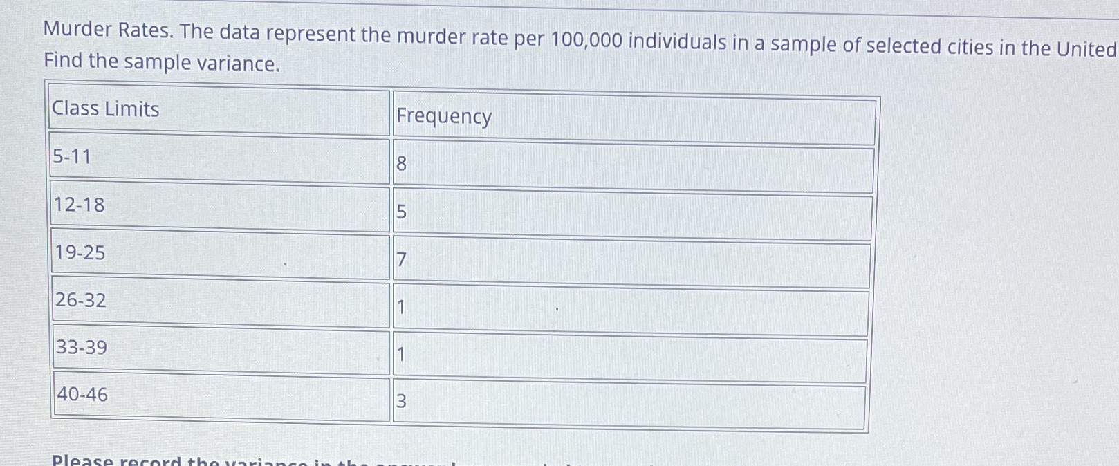 Find the variance Murder Rates. The data represent the murder rate per