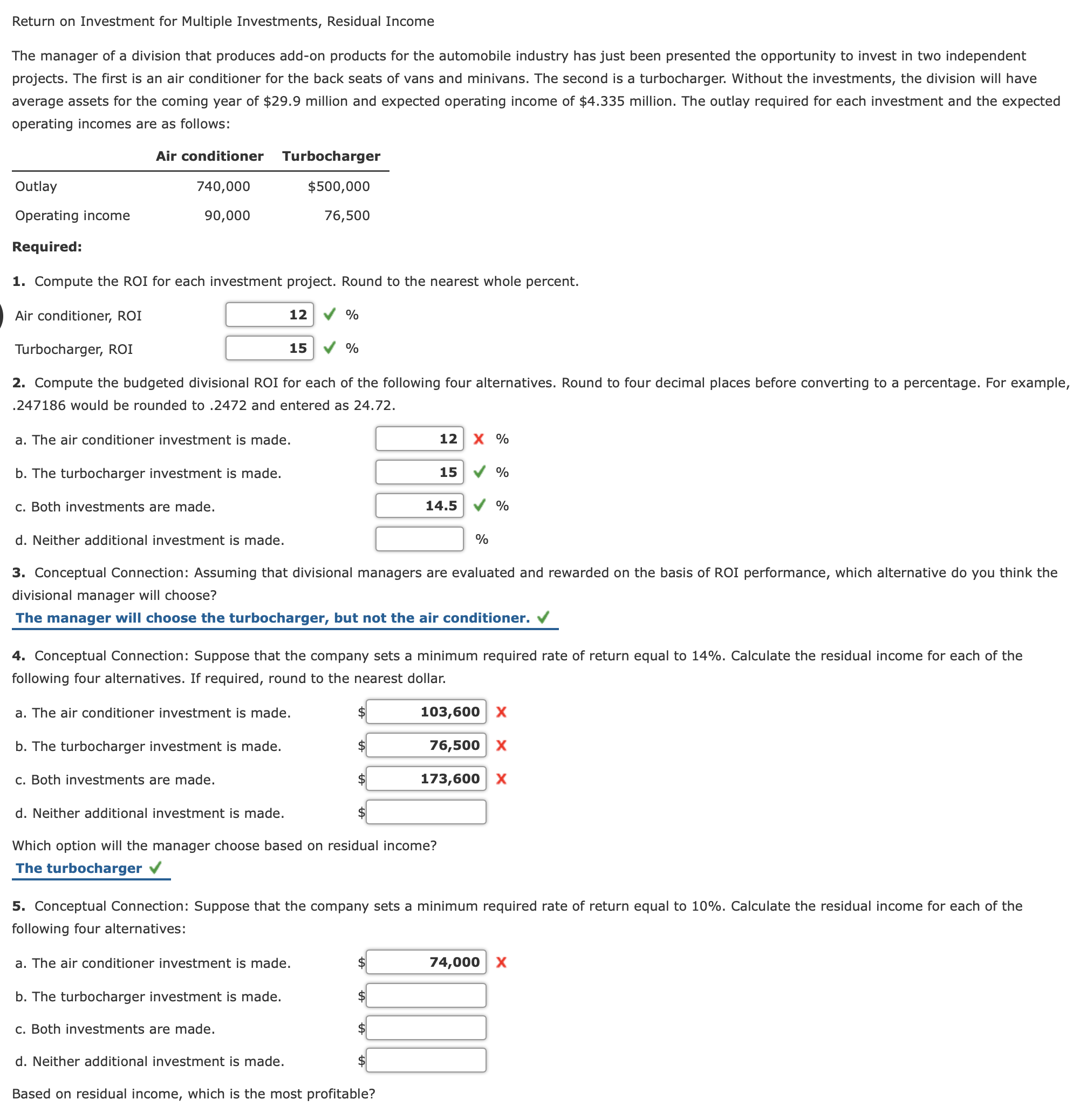 Please include explanation and steps Return on Investment for Multiple Investments, Residual