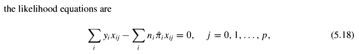 \fConsider the likelihood equations (5.18) for a logistic regression model. Using