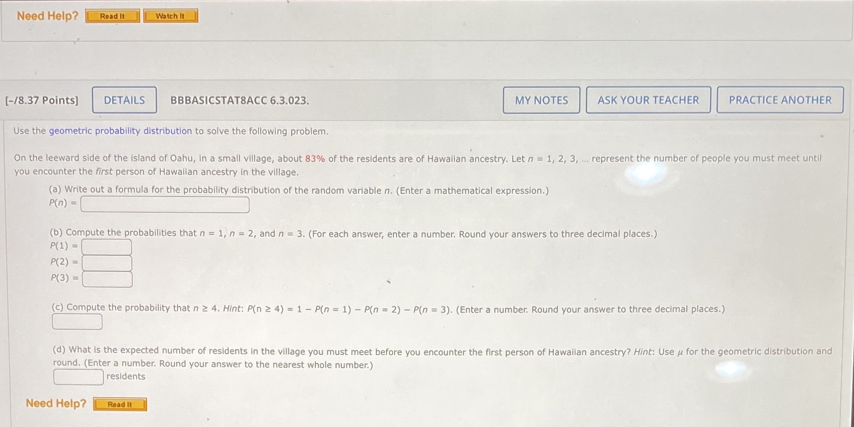  Need Help? Read It Watch It [-/8.37 Points] DETAILS BBBASICSTAT8ACC 6.3.023.