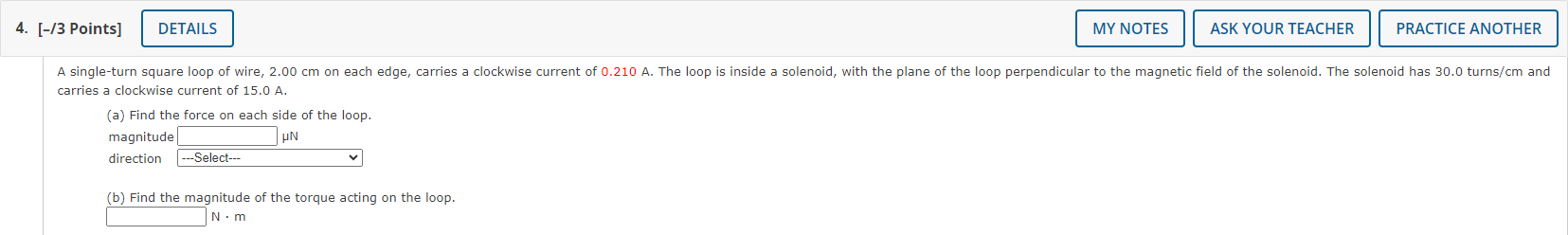 square of edge length { = 0.440 m carries a current /