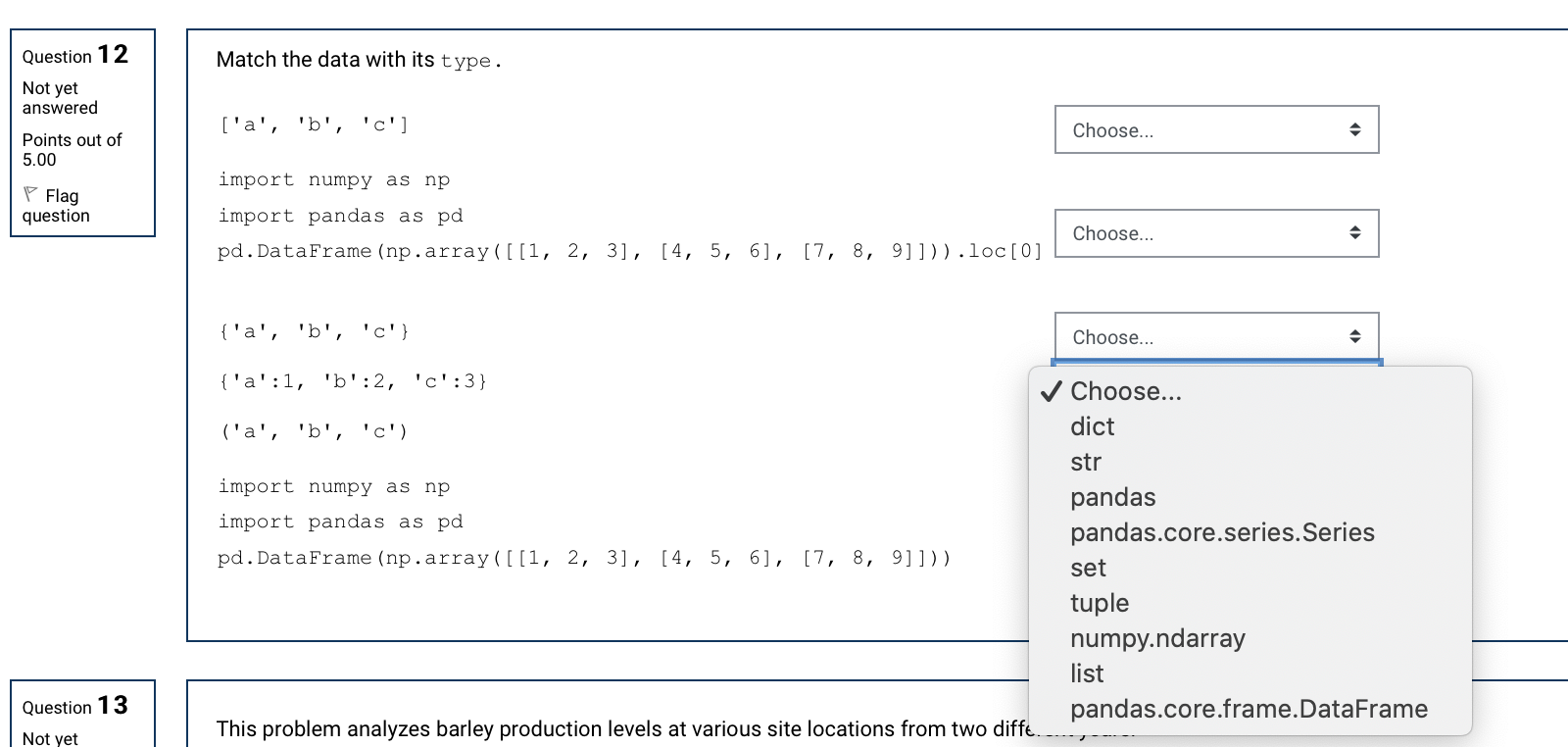 Please help with the following python questions :)For questions 12 and 13,