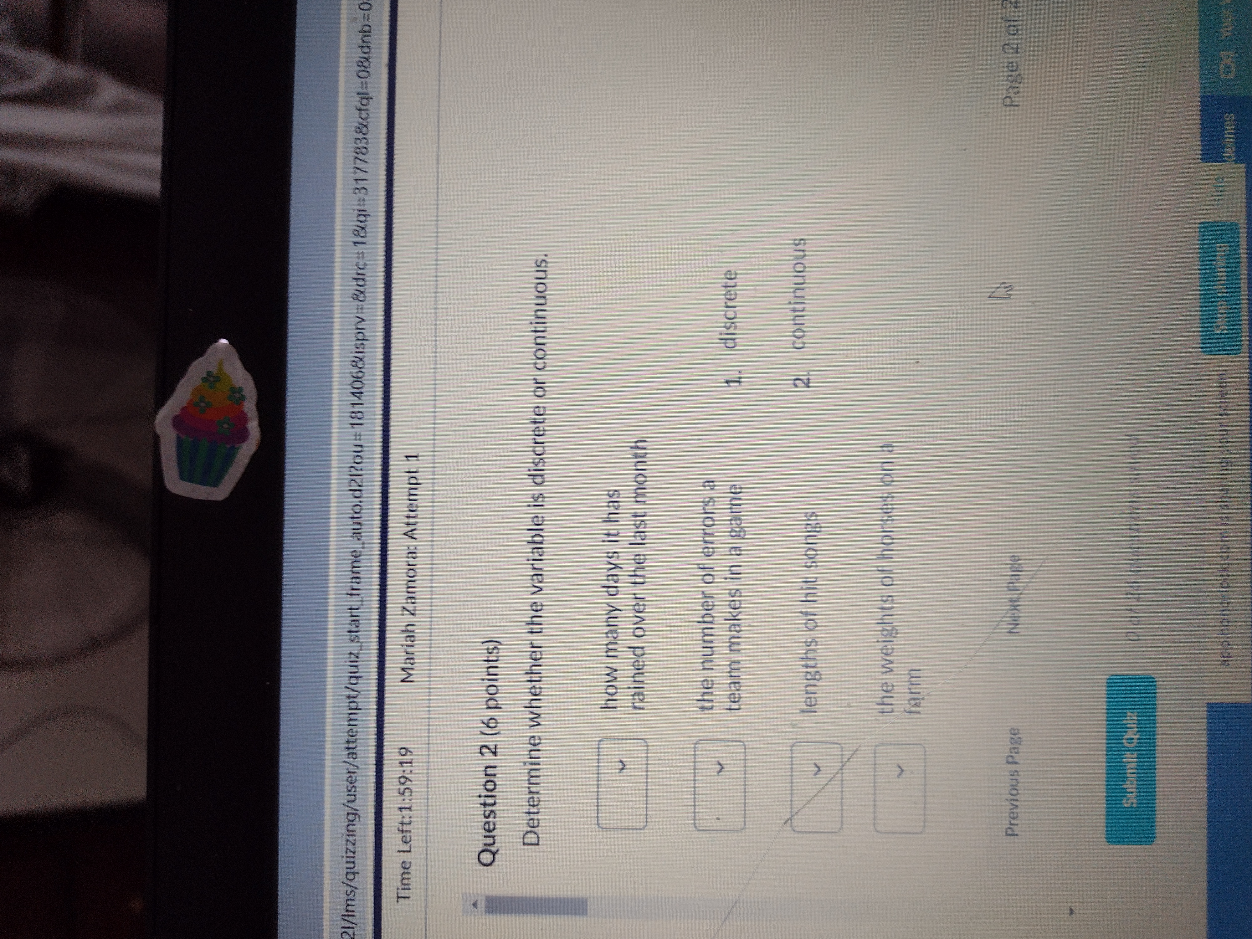 Exam - Spring 2022 (for Honorlock users) Proctoring Sup Time Left:1:59:32 Mariah