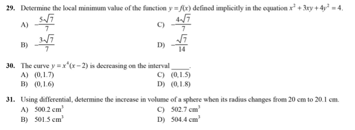 This is in Calculus and its multiple choice only. Provide necessary solutions