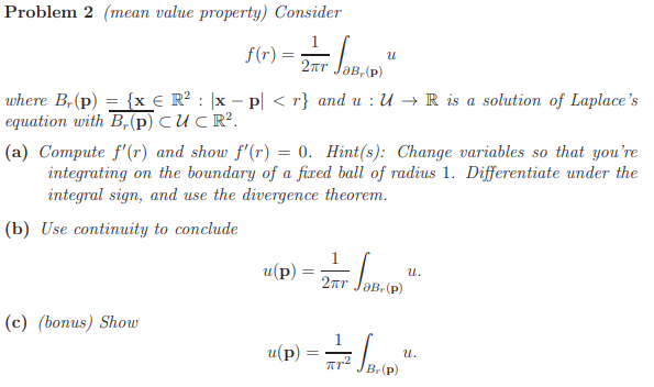  Problem 2 (mean value property) Consider f (r) =: 2TT JOB,(P)