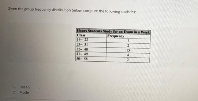 Given the group frequency distribution below, compute the following statistics: Hours
