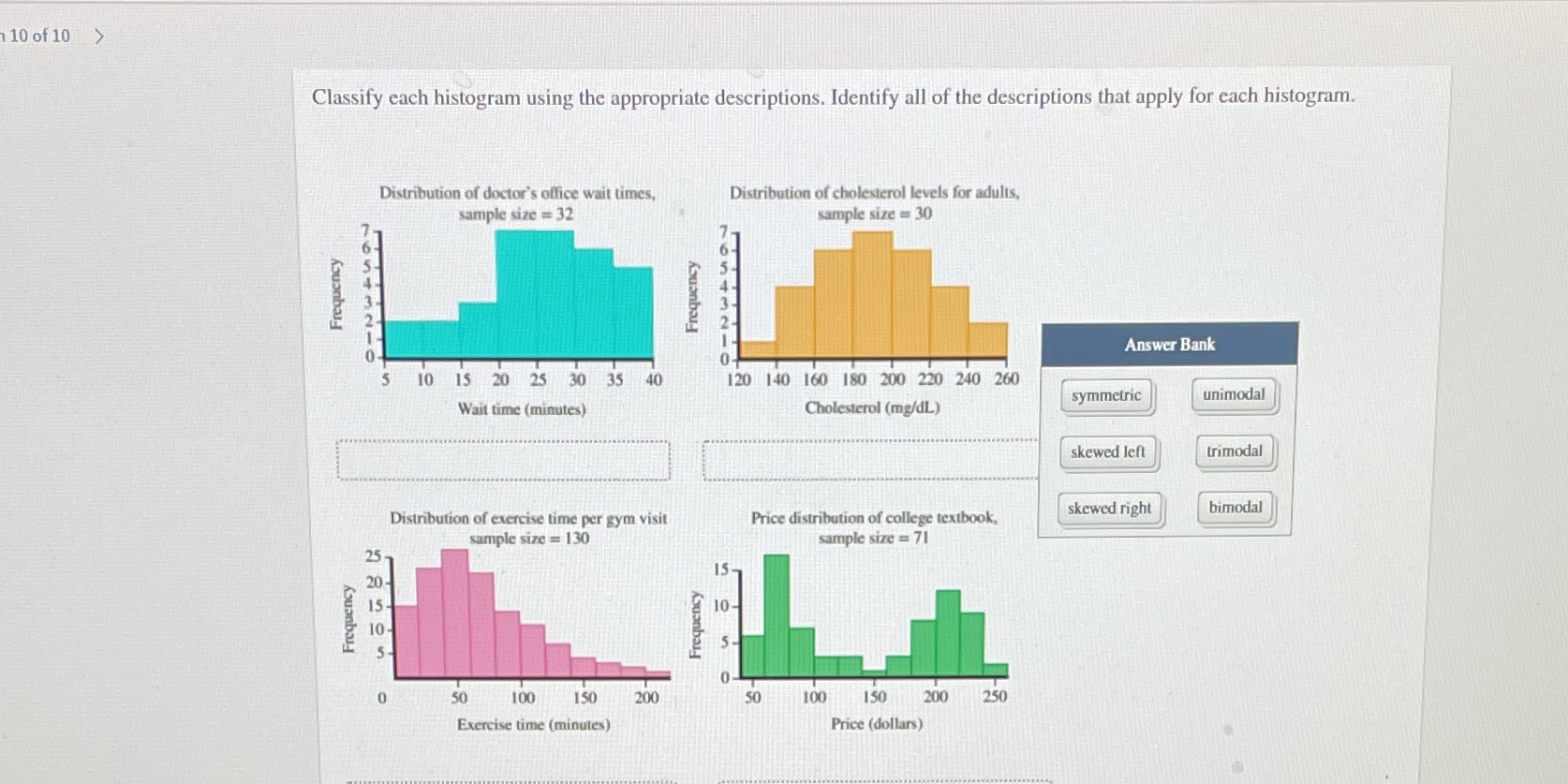 1 10 of 10 Classify each histogram using the appropriate descriptions.