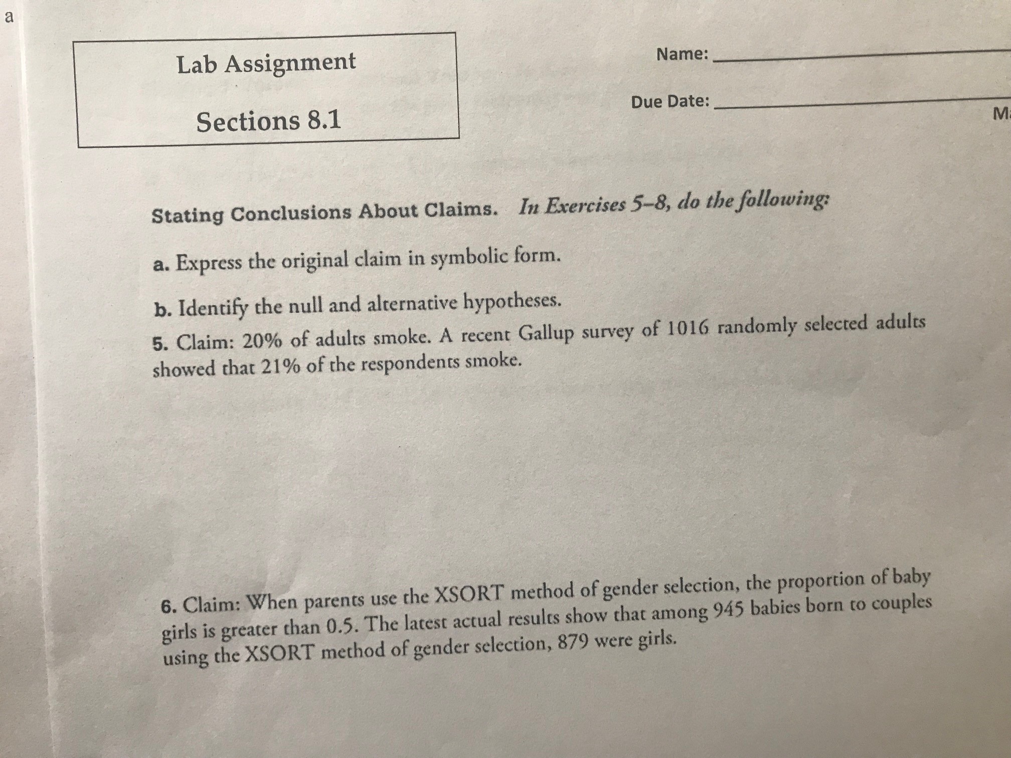 a Lab Assignment Name: Sections 8.1 Due Date: M Stating Conclusions
