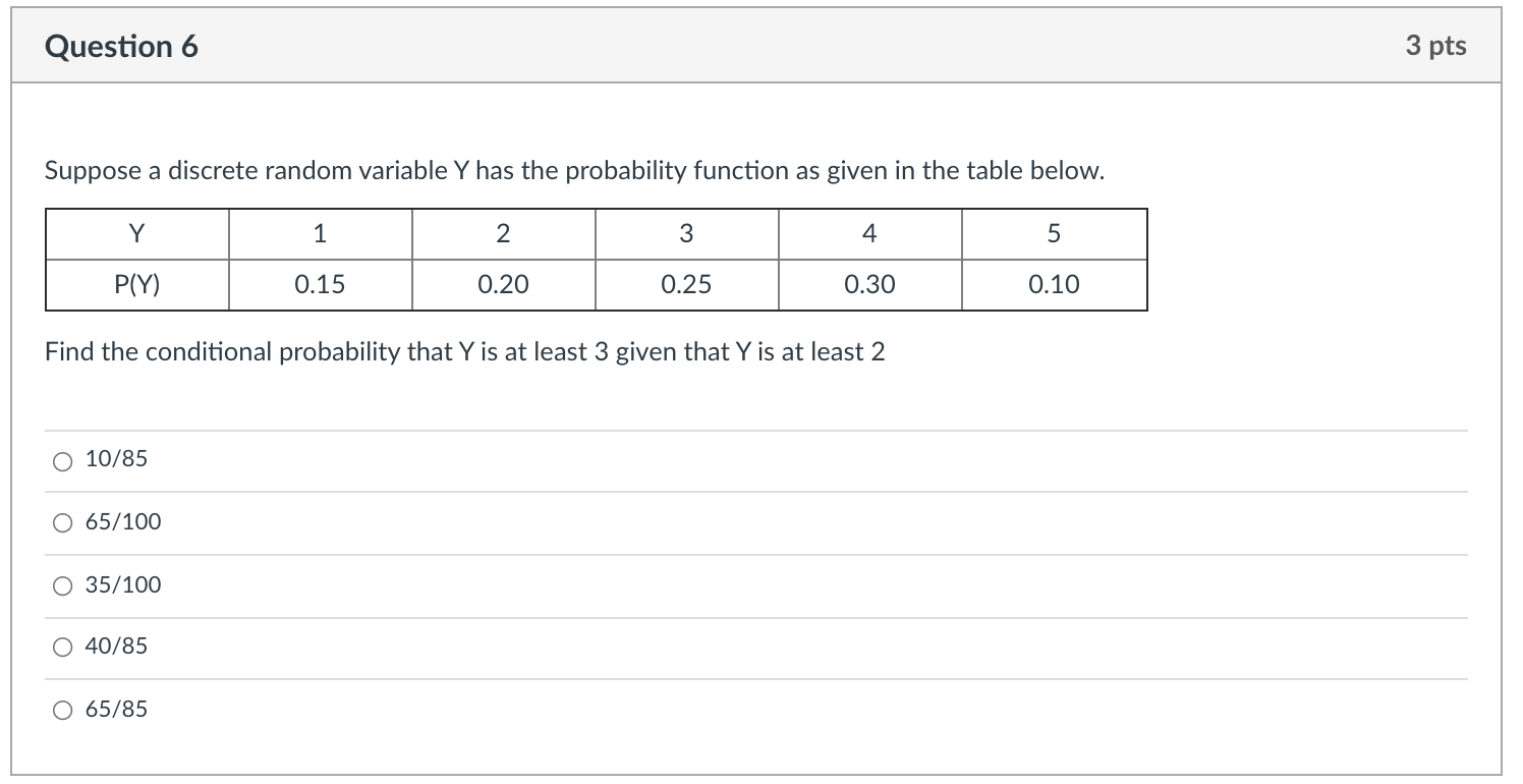question attached Question 6 3 pts Suppose a discrete random variable Y