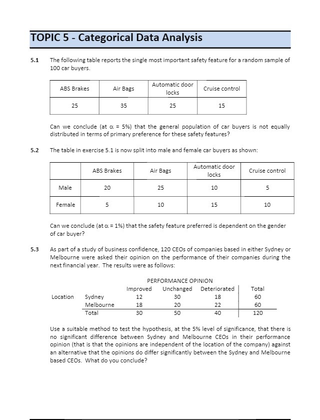  TOPIC 5 - Categorical Data Analysis 5.1 The following table reports