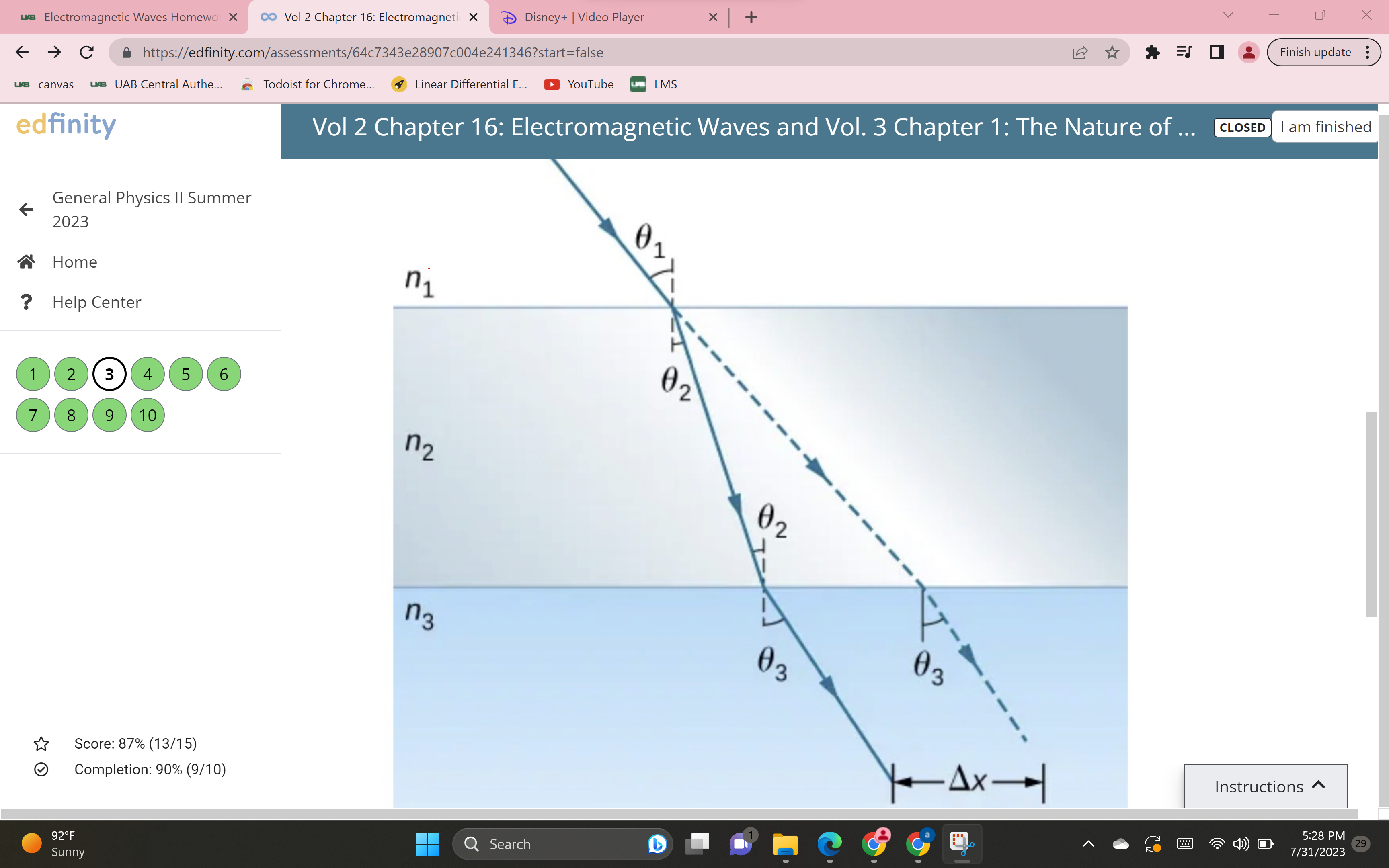X Disney+ | Video Player X + X C https://edfinity.com/assessments/64c7343e28907c004e241346? start=false Finish