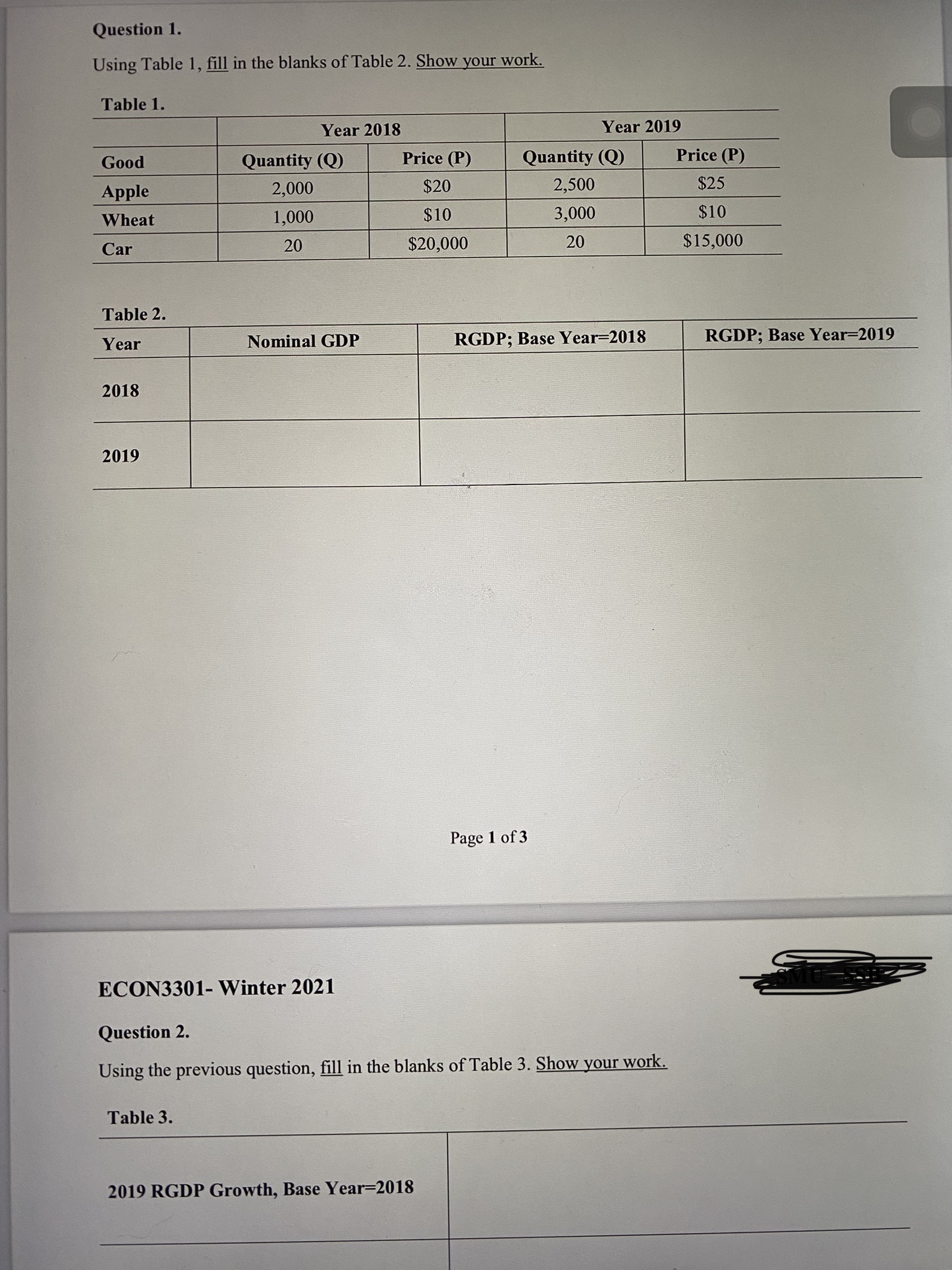 ECON3301- Winter 2021 Question 2. Using the previous question, fill in the