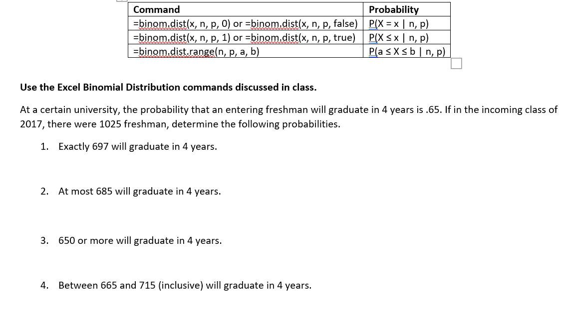  Command Probability =binom.dist(x, n, p, 0} or =binom.di5t(x, n, p, false}