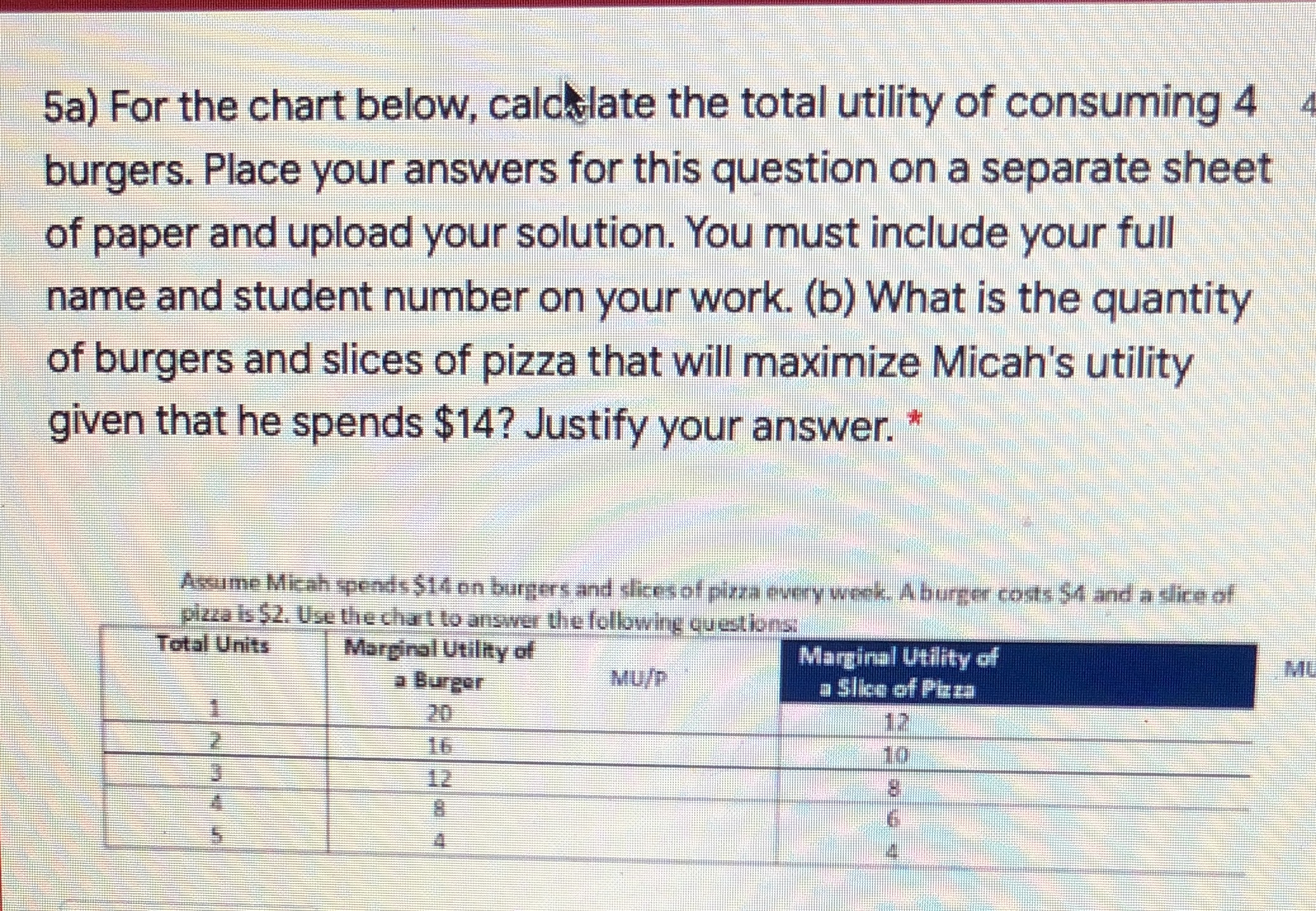  5a) For the chart below, cald late the total utility of