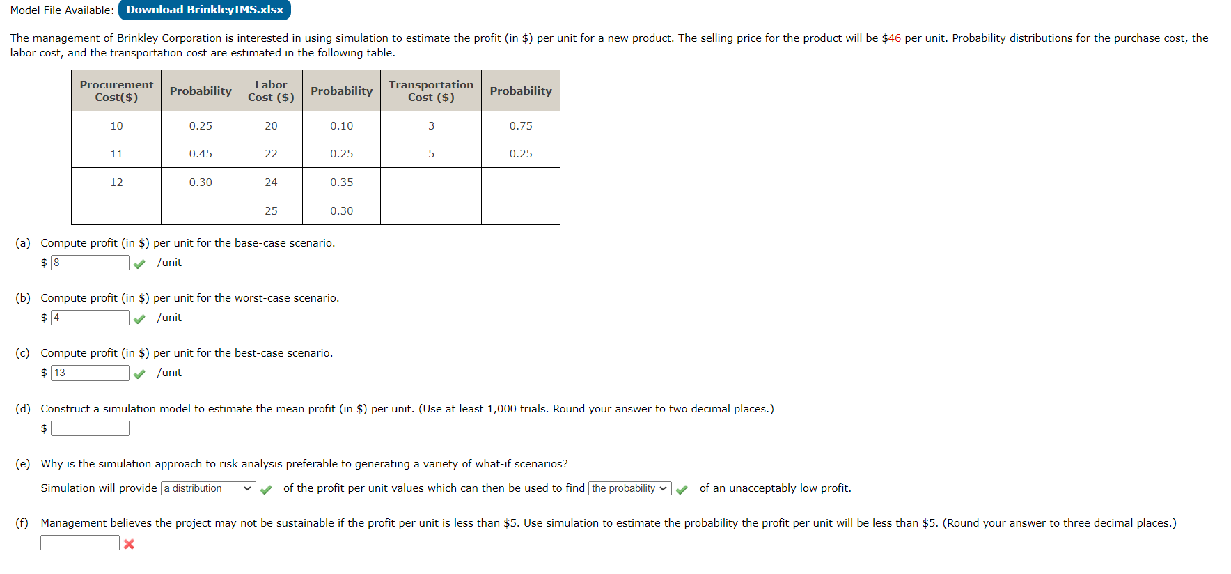 1000 simulation trials in total on Excel file (a) Compute profit (in