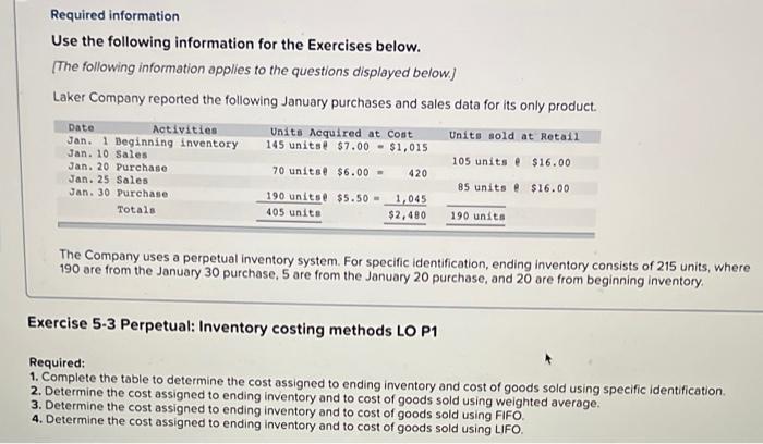full data plesse Required information Use the following information for the Exercises