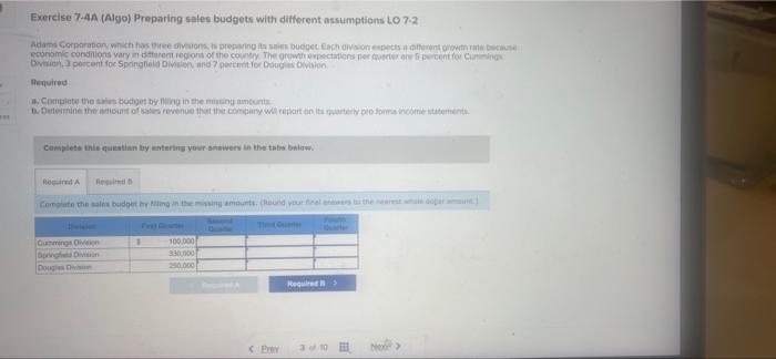  Exercise 7.4A (Algo) Preparing sales budgets with different assumptions LO 7.2
